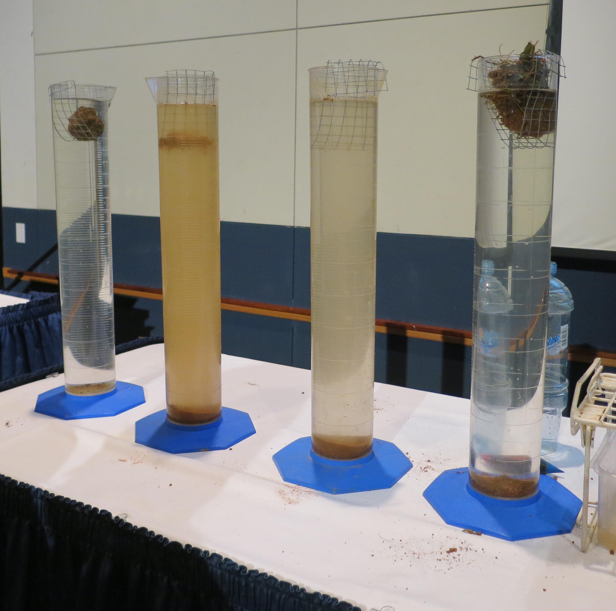 Soil from tilled fields are in the center two tubes, while the outer tubes hold soil from no-till fields. 