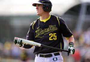 PHOTO CREDIT: OregonLive.com Ryon Healy leads Oregon in batting average (.352), slugging percentage (.594), on base percentage (.417), hits (58), doubles (13) and home runs (9).