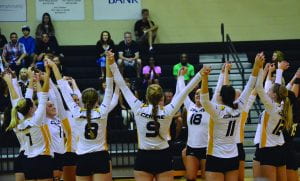 The Centre volleyball team celebrates after scoring a point in a previous match this season.