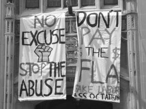 There have been several student protests over fair labor for clothing calling the Free Labor Association the Fake Labor Association.