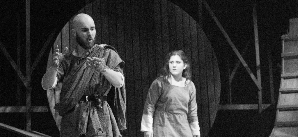 Juniors Olivia Kernekin and Daniel Rundberg in DramaCentre’s production of Macbeth, which ran April 23-26 in Weisiger Theatre.