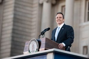 Gov. Matt Bevin addresses a crowd at his public inauguration at the Capitol.