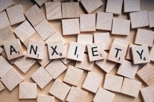 Anxiety spelled with wooden letters