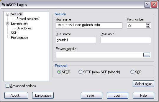 Screenshot of the WinSCP Login window