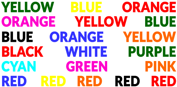 Colour all the a words red. Say the Colour not the Word. Name the Colour not the Word. Name the Color of Words. Read the Colour not the Word.