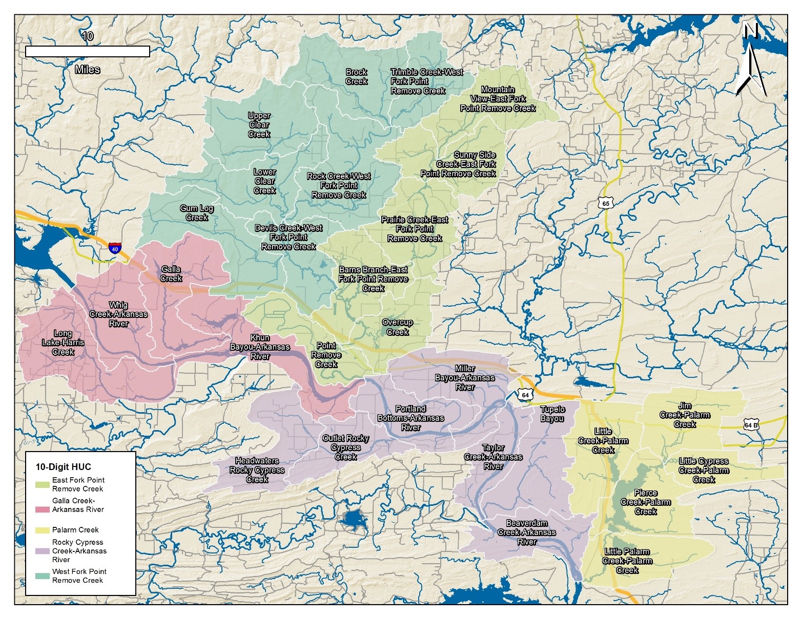 Map of the Lake Conway Point Remove Watershed with subwatersheds shown.