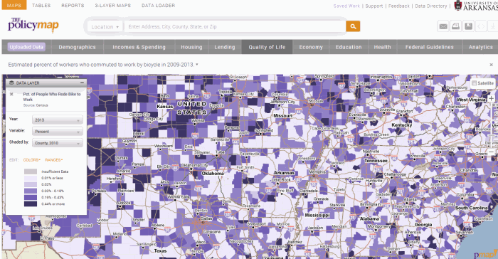 PolicyMap: Percentage of commuters who travel by bicycle co