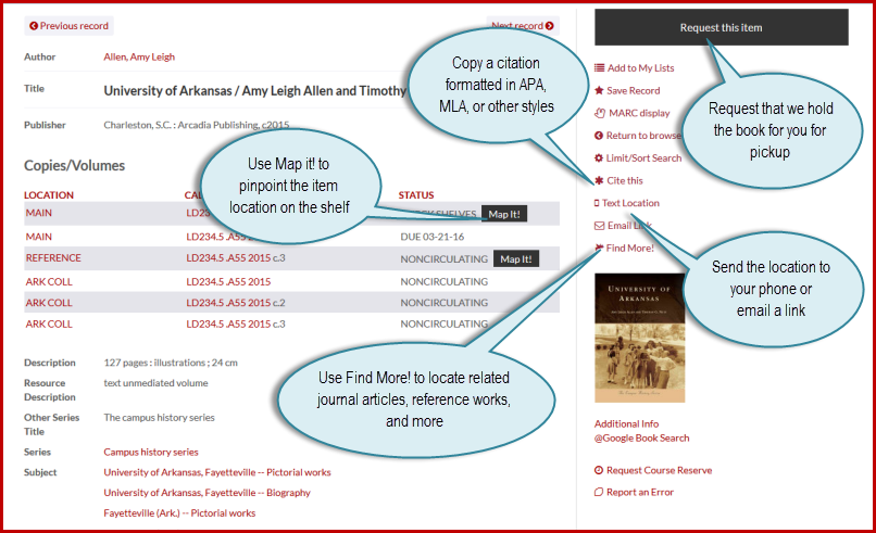 Library catalog full record showing the functions, text to your phone, Map it! request an item, or Find More!