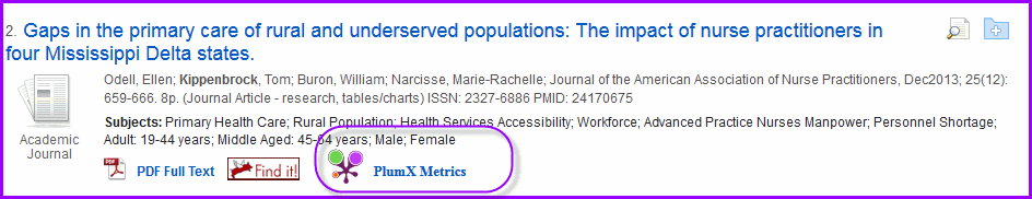 Ebsco CINAHL search result showing Plum Print widget