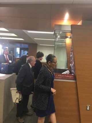 Hoyt Purvis and Dean Carolyn Allen enjoy the exhibit opening.