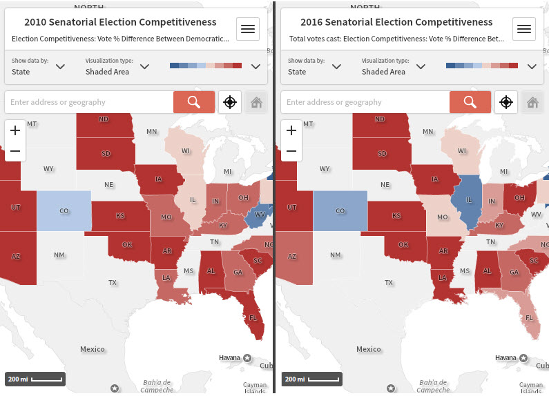 2010 and 2016 Senatorial Election Maps, comparing vote % differences between parties by state