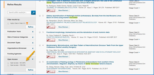 Web of Science Open Access Filters