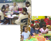 Two photos of kids in a classroom spurned by various materials and seated at different types of tables.