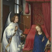 Painting depicts the angel Gabriel appearing to Mary.