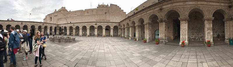 panoramic shot of church courtyard.