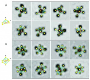 Using DNA blueprints, these nano-sized nBLOCKs have arranged themselves into different shapes. Lines superimposed over the TEM images illustrate the geometric trends. Adapted from Kim et al. (2011)