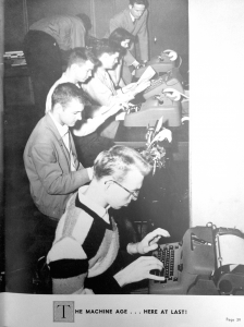 students typing on 1950s typewritter