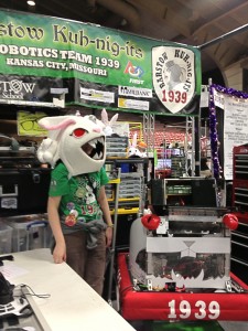 a student wearing a rabbit head