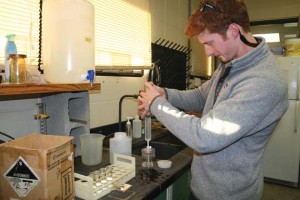 Graduate student Morgan Welch analyzes water samples from urban creeks in Northwest Arkansas. Welch is a recipient of a scholarship from the Arkansas Academy of Mechanical Engineering.