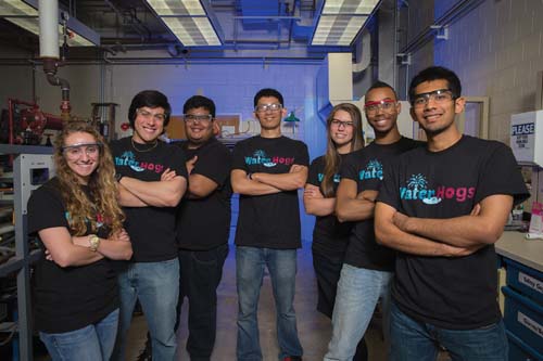 The Water Hogs were recognized by ASCE for their innovative water filtration system. From left to right: Cole, Qasem, Castillo, Lee, Tichy, Durant, Hasan.