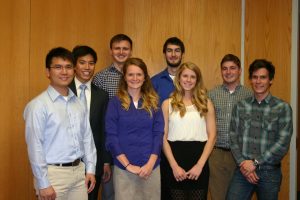 The U of A's first graduating class of students to receive the BSBmE degree: Back row: Jimmy Vo, Nathaniel Alexander, Peter Kleindl, William Ryan. Front row: Anh Vu, Katelin Cherry, Anna Heintz, Paul Goodchild