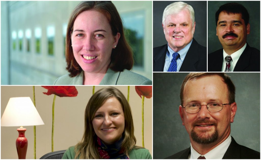 Top to bottom: professor Heather Nachtmann (top left), professor Ronald Rardin (top middle), Manuel Rossetti (top right), assistant professor Ashlea Bennet Milburn (bottom right), professor and director of CIHL Ed Pohl (bottom middle)