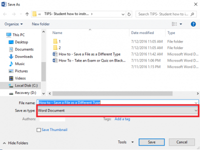 choose the file type box in word