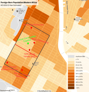 map of harlem with shaded in orange regions to represent the west african foreign-born population for the ACS 2016 survey. also marks central west african establishments in central harlem