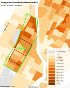 map of harlem with shaded in orange regions to represent the west african foreign-born population for the ACS 2016 survey. harlem is also outlined in green.