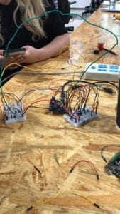 our attempt at circuit 4, two breadboards with one arduino 