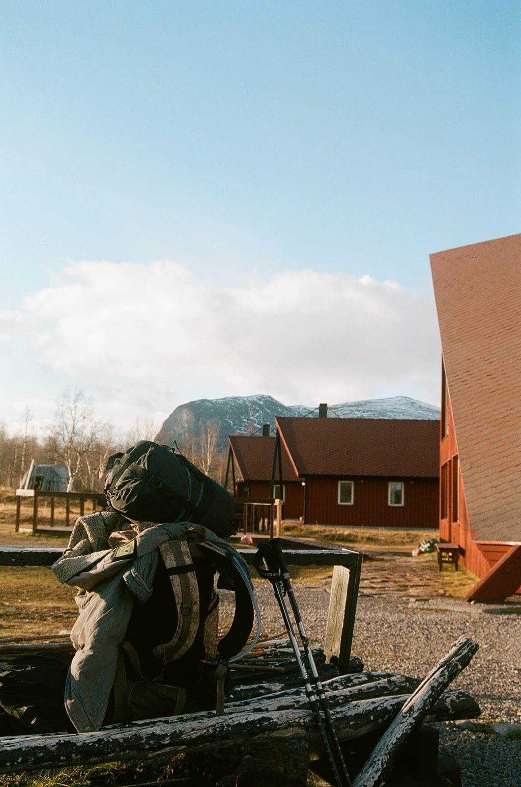 backpack on a bench in a village