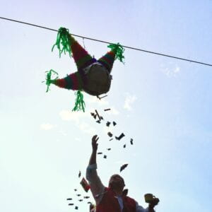 Pinata, dulces, azul, rojo, laso, comida