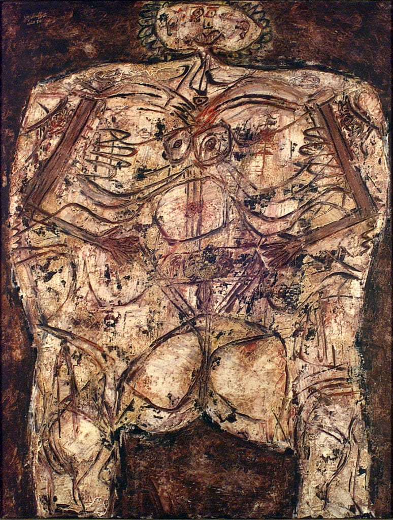 Using muted red, brown, and beige tones, Jean Dubuffet's painting, Corps de dame paysagé sanguine et grenat, depicts a figure with highly exaggerated features, the torso distending to the sides, its arms stiffly facing inwards to rest against its stomach. Its legs may be spread or it may be standing with legs apart.