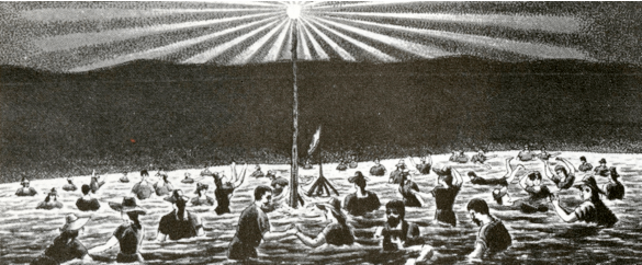 A crowd of men and women swim at night, wearing nineteenth-century bathing suits and hats. The nocturnal sky is illuminated by beams of light that radiate from a luminous sphere placed on top of a rod at the center of the image.