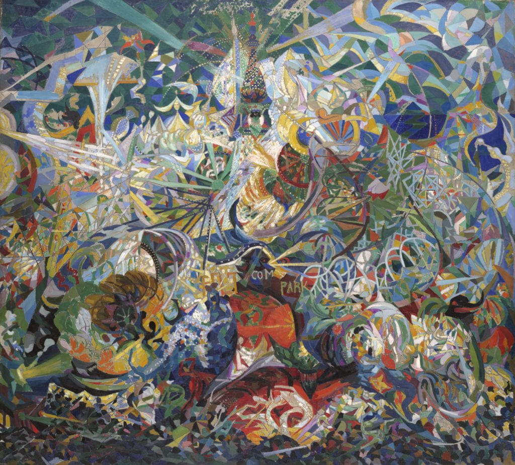 An explosive mass of swirling lines and fragmented planes engulf the structure of Coney Island’s rollercoasters, the tracks of which seemingly dissolve in an abstract play of colors and lights. Although highly stylized, a crowd of people seen from above can be detected along the lower edge of the painting.