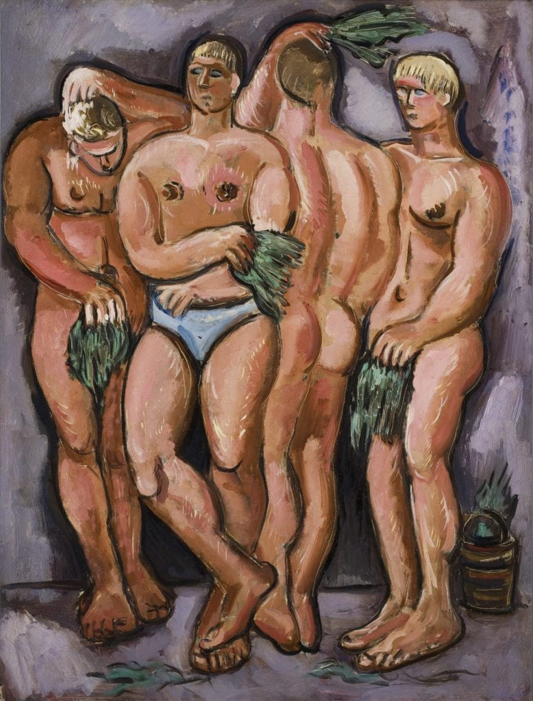 This painting by Marsden Hartley presents a group of four men. As its title indicates, the image presents this group of men in a sauna. All the bodies in this composition have the same skin tone, eyes, and hair. The artist shows us white men with blond hair and blue eyes. The four figures are standing, located side by side, and showing different perspectives of their body. While one of the men lets the viewer see the front of his body, another of the figures is entirely on his back, while the other two present their profiles.