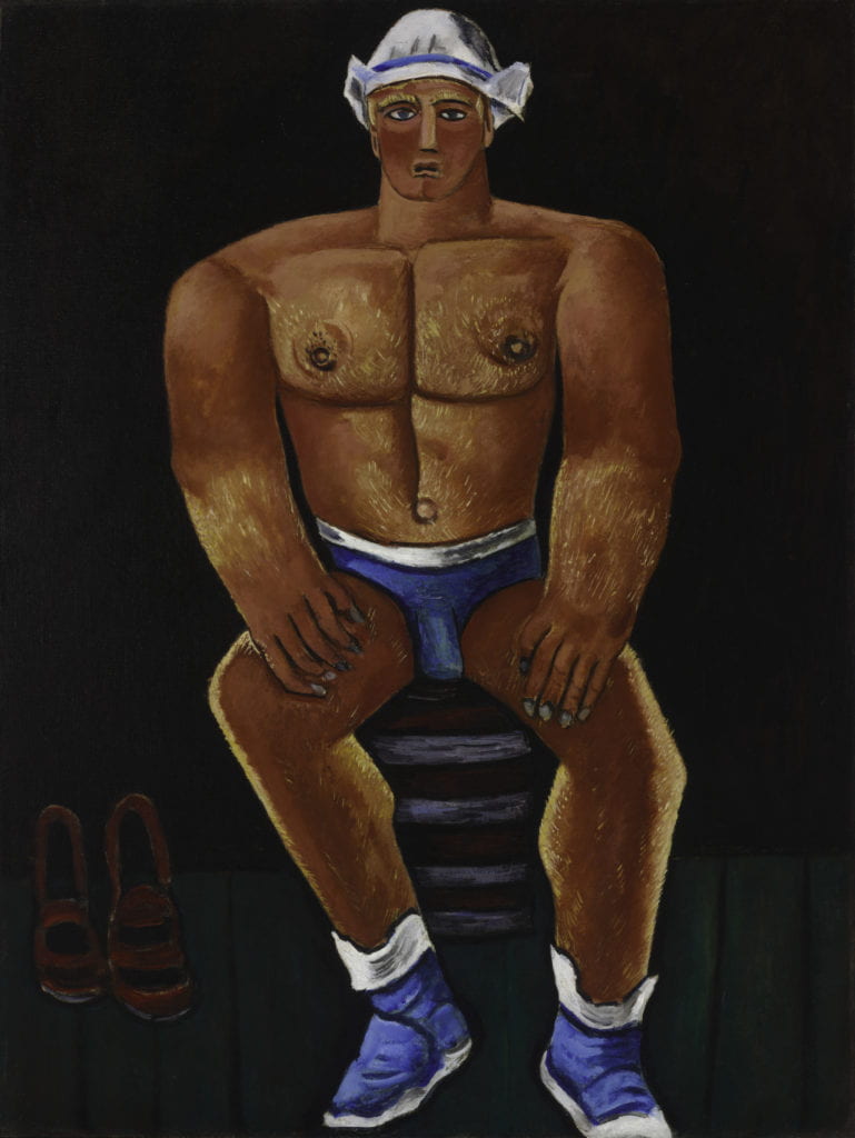 The image shows a man sitting on a chair. The man sits in a closed space, and the viewer can see in the background of a dark brown wall and a floor of blue and green tones. The figure is partially nude. The only garments he has is his underwear, a pair of shoes, and white cloth tied to his head. All garments have a combination of blue and white colors. The figure has a corpulent physiognomy, and it is possible to see that he has big arms and hands. His skin color is dark, and he has blond hair and blue eyes.