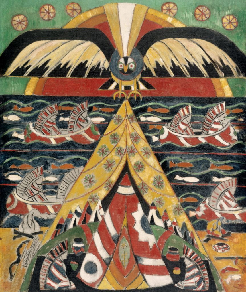 Hartley’s “Indian Fantasy” features a colourful, all-over composition inspired by Native American themes and motifs. The top of the painting features a totemic eagle with its wings outstretched, painted against three semi-circular bands in red, orange, and yellow representing the setting sun. Below the eagle, Hartley paints a triangular, strictly symmetrical arrangement of Pueblo and Plains Indians motifs and symbols in warm tones of yellow, red, and black. He adopts bold patterns and a flat, rough handling of the painterly surface.