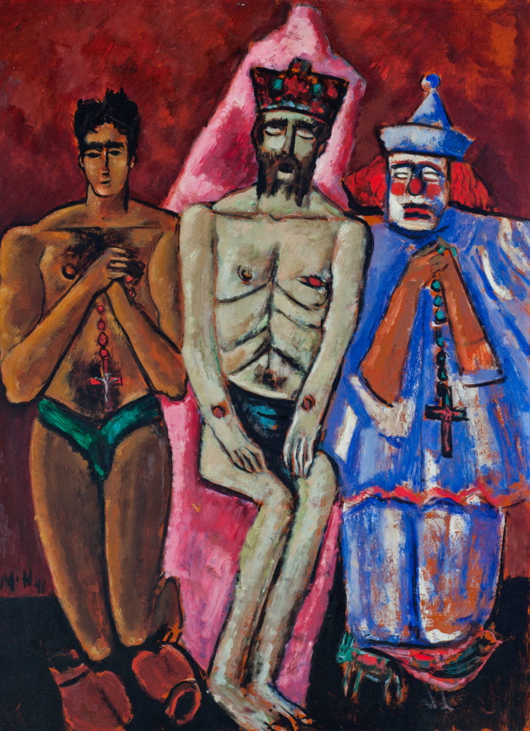 Marsden Hartley depicts in this painting three people. The characters appear in the first plane of the image, and behind them, it is only possible to find a dark red and black background. The man at the center of the composition is sitting on a chair. It is Jesus Christ Crucified showing his half-naked body and the wounds on the wrists that traditionally appear in religious imagery. in contraposition, the two men located on each side are kneeling. The arms of both characters are disposed in the form of a prayer, and their hands hold necklaces with crucifixes. The man on the left side of the painting is half naked, and in front of him, the viewer finds a pair of boxing gloves. This character has a dark skin tone that distinguishes from the pale skin tone of Jesus' image. On the right side of the painting, it is possible to find the third character, who is also on his knees. In this case, it is a clown who has a blue outfit and a hat with some red tones. His face painted with white and some red dots decorate his cheeks, nose, and lips. His hair has a red color, which combines with the red tones of the outfit. The only part of the skin this character shows are his hands, which has a darker tone in relation to Jesus' depiction.