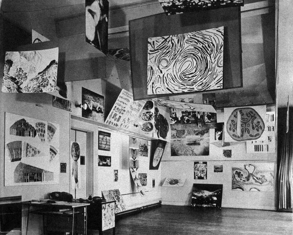 A photograph of the show Parallel of Life and Art from 1953 at the ICA in which artworks by Dubuffet and Pollock were exhibited together in London for the first time.