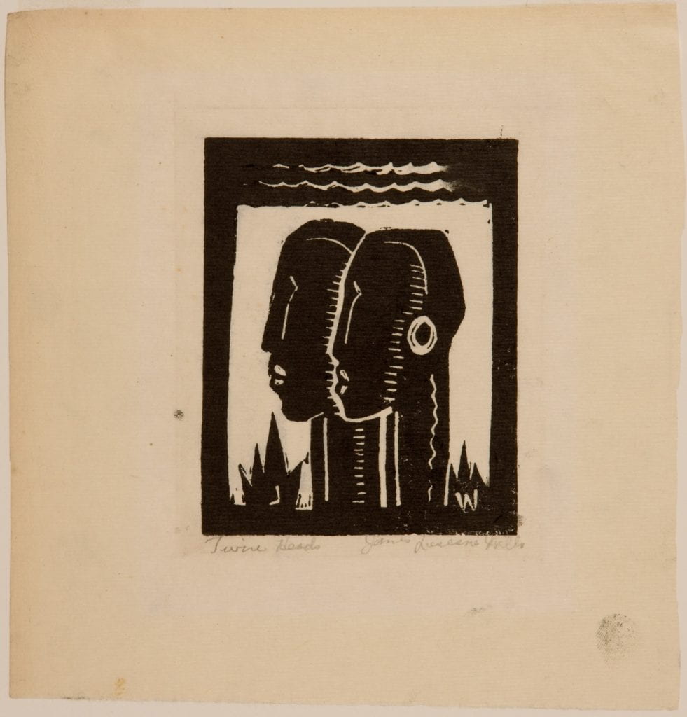 Figure 9: James Lesesne Wells, Twin Heads, c. 1929, Woodcut on thin laid Japan paper. 3 3/4 x 3 inches (block); 6 9/16 x 6 3/8 inches (sheet). Harvard Art Museums/Fogg Museum, Jakob Rosenberg Fund, George R. Nutter Fund, Gray Collection of Engravings Fund, and Margaret Fisher Fund