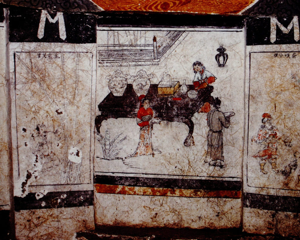 Figure 12. Images of filial piety and wine preparation, 1309 CE. Southern wall of the Hongyucun tomb, Shanxi. From Han and Huo, “Hongyucun,” 42, fig. 5.