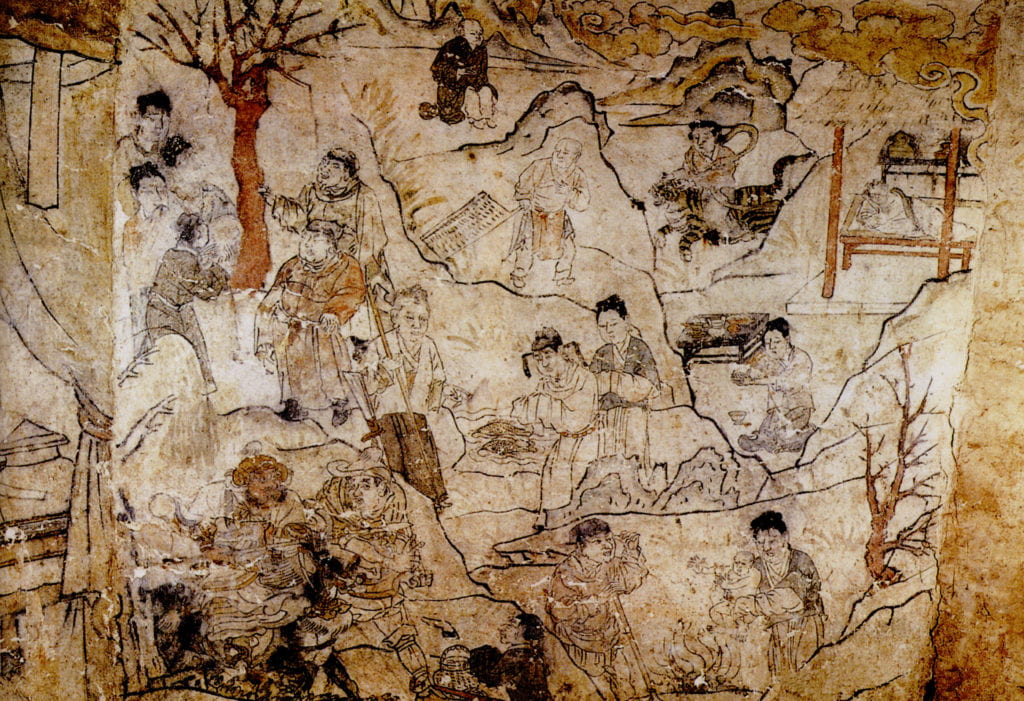 Figures 1A and 1B. Filial piety stories (the story of Zhao Xiao at the upper-left corner of Fig. 1B), 1339 CE. Southeastern and southwestern walls of the Zhuozhou tomb, Hebei. From Xu Haifeng et al., “Hebei Zhuozhou Yuandai bihuamu,” Wenwu, no. 3 (2004), 53, figs. 24, 25.