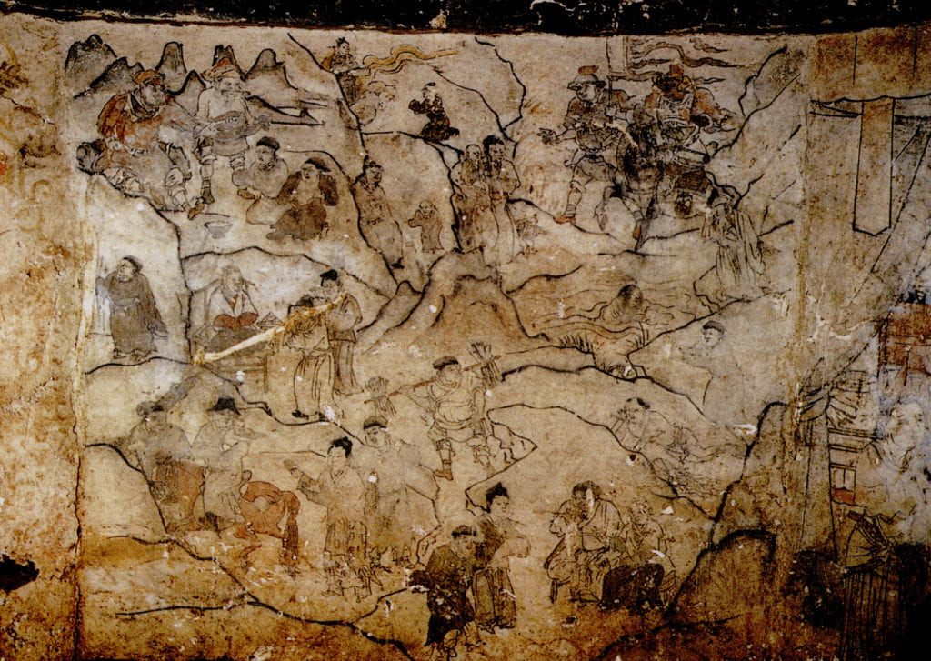 Figures 1A and 1B. Filial piety stories (the story of Zhao Xiao at the upper-left corner of Fig. 1B), 1339 CE. Southeastern and southwestern walls of the Zhuozhou tomb, Hebei. From Xu Haifeng et al., “Hebei Zhuozhou Yuandai bihuamu,” Wenwu, no. 3 (2004), 53, figs. 24, 25.