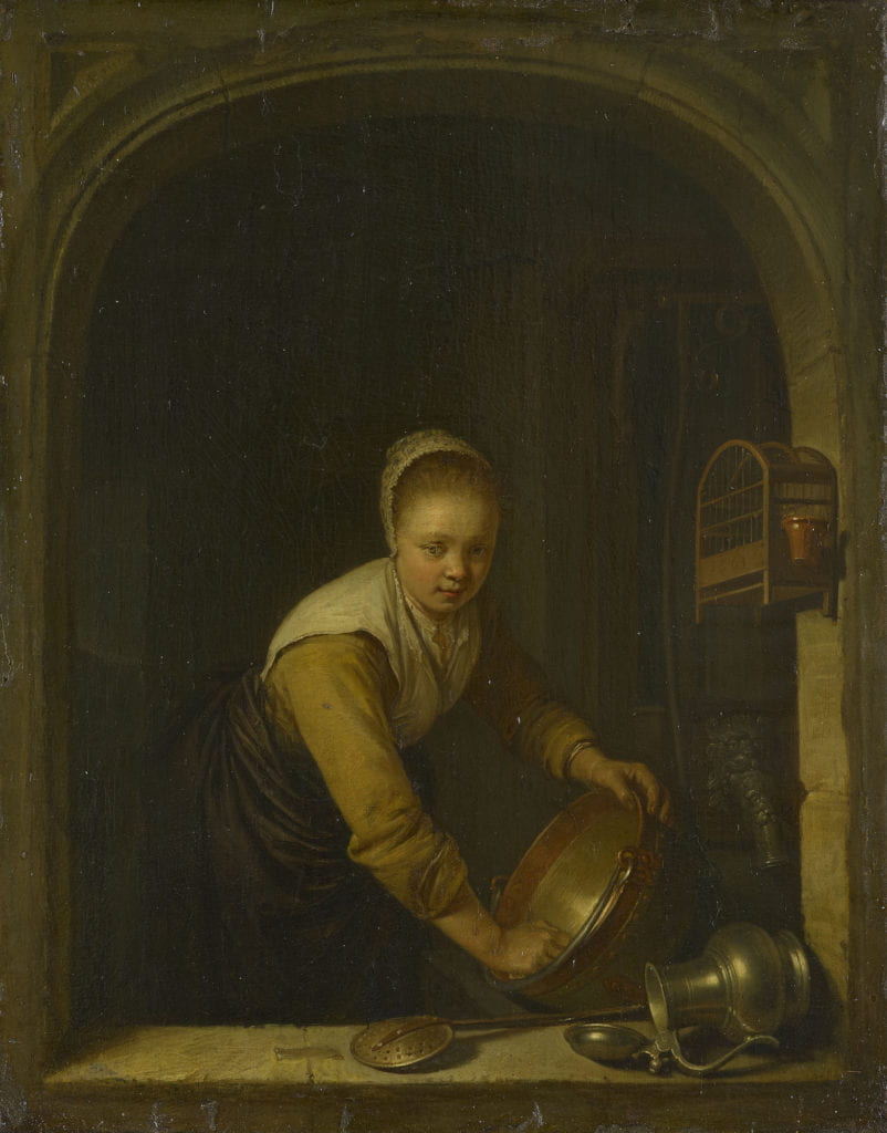 Figure 5. Gerrit Dou, A Maidservant Scrubbing a Brass Pan at a Window, 1663, oil on panel, 6 9/16 x 5 3/16 in. (16.6 x 13.1 cm). Royal Collection, London.