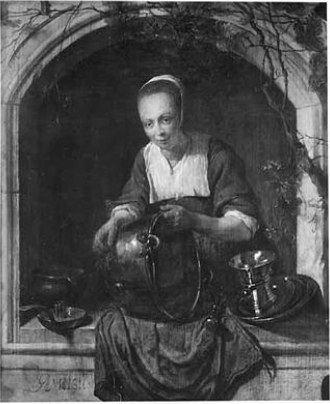 Figure 7. Gabriel Metsu, Woman Scouring Pots and Pans in a Niche, 1655, oil on panel, 7 4/5 x 9 9/20 in. (20 x 24 cm.). Private collection, Amsterdam.