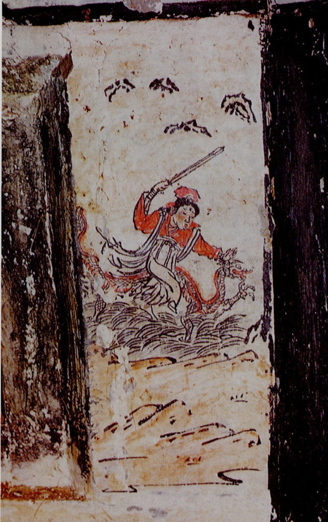 Figure 9A, 9B. Two images of filial piety story (the story of Yang Xiang on the left, story unknown on the right), 1306 CE. Northern wall of Han Yi’s tomb, Tunliu, Shanxi. From Yang et al., “Shanxi Tunliu,” plate 9, figs. 2, 3.