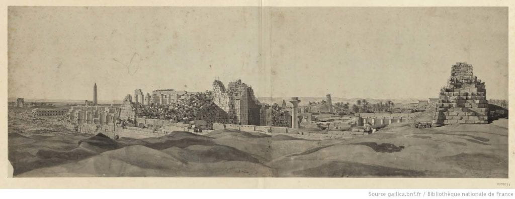 Fig. 19 Dutertre, [Karnak] : [vue générale des ruines du palais, prise du nord-ouest], 1798-1809, lavis d'encre, plume et crayon. 37.1 x 57.8 cm. Bibliothèque nationale de France. Paris, France.