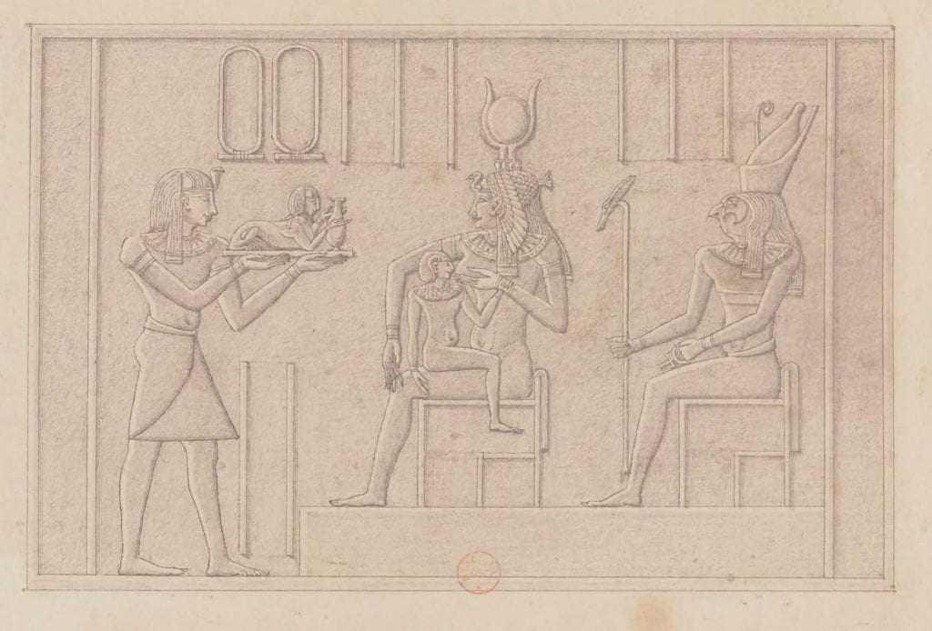 Fig. 2 Chabrol de Volvic, [Ile de Philae] : [bas-reliefs du temple de l'ouest], 1798-1809, crayon noir et plume, 27.8 x 44.2 cm. Bibliothèque nationale de France. Paris, France.