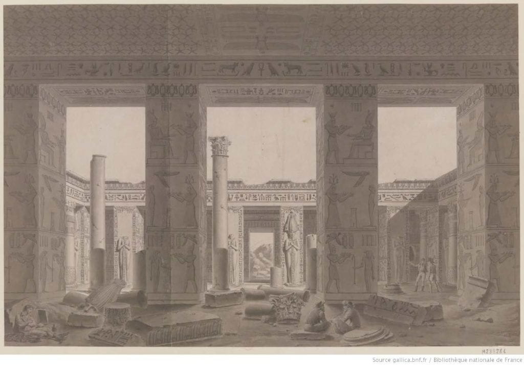 Fig. 24 Balzac, [Médinet Habou] : [vue intérieure du péristyle du palais], 1798-1809, lavis d'encre, plume et crayon. 37.1 x 57.8 cm. Bibliothèque nationale de France. Paris, France.